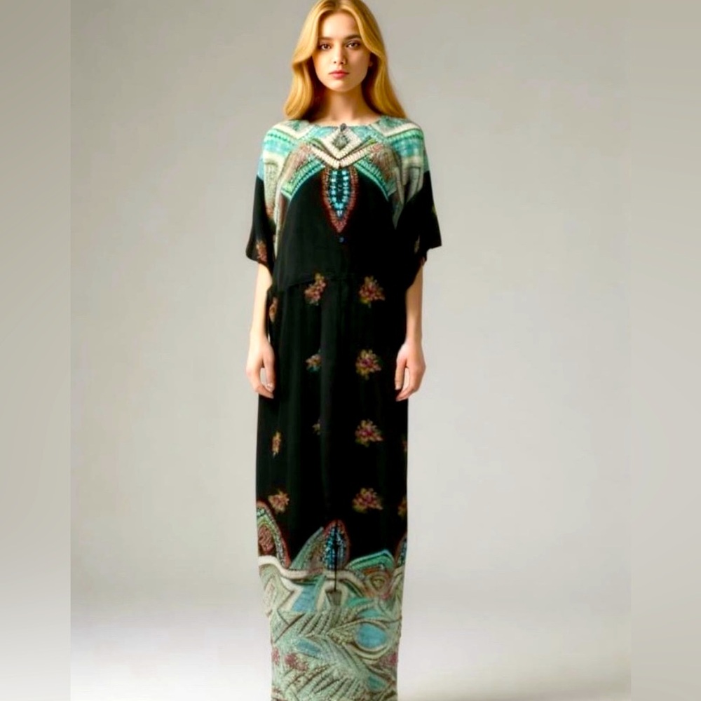Johnny Was Black and Teal Silk Jewel Thalia Maxi Dress, Size Small, NWT